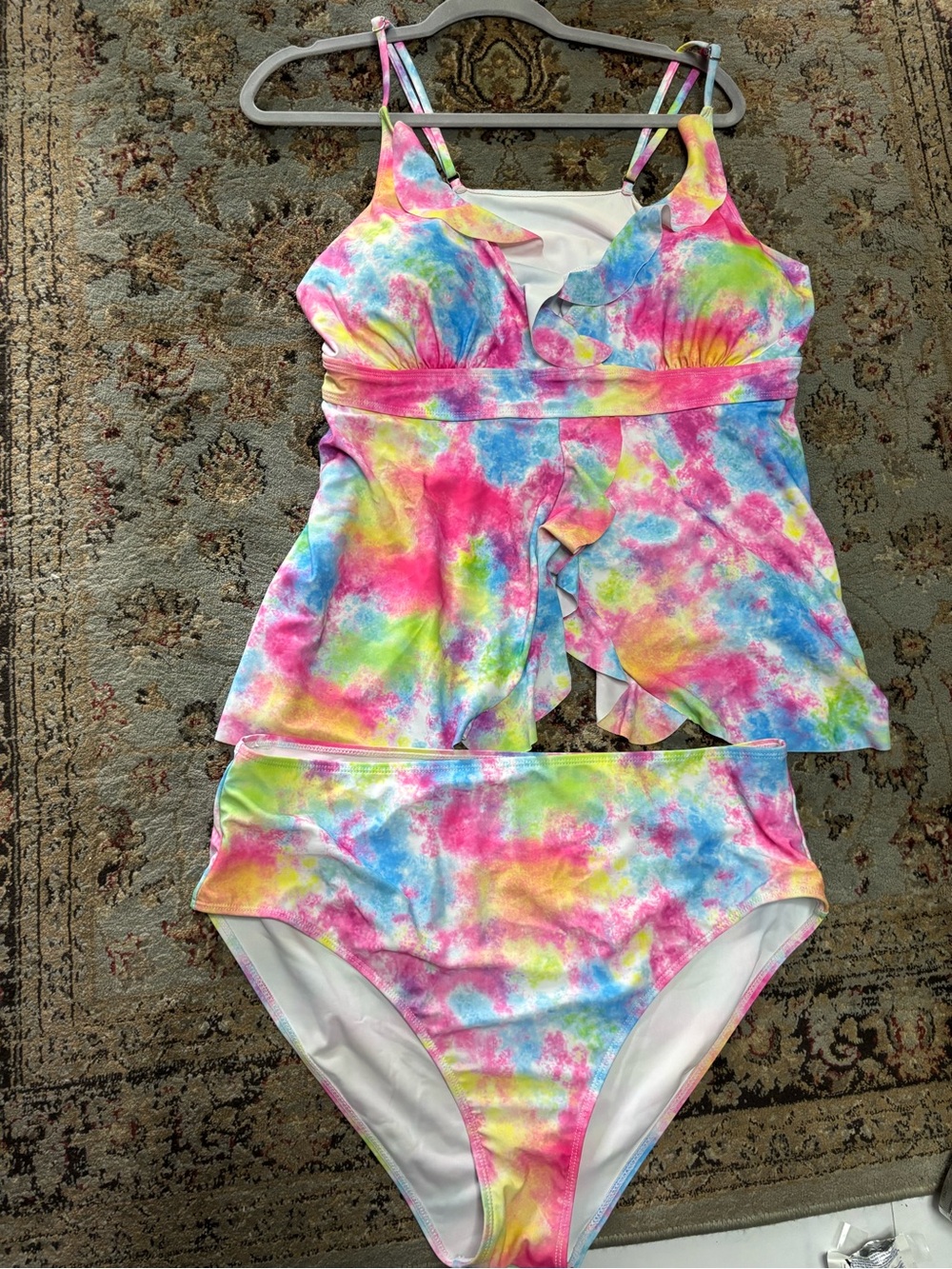 Colorful Tie-Dye Ruffle Tankini Two-Piece Swim Set